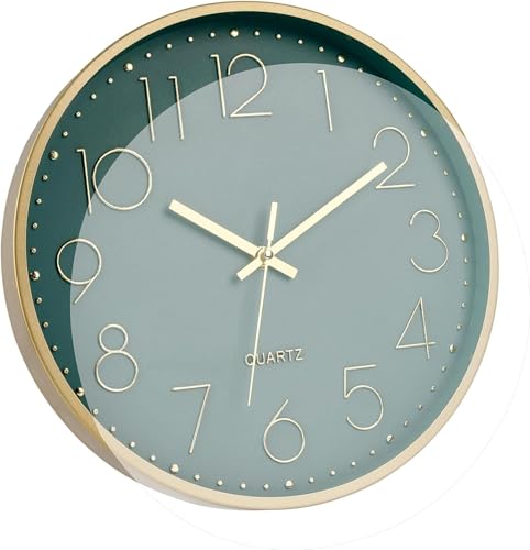 Image of TEKCOOL Plastic Digital Wall Clock 12 inch Silent Quartz Decorative Non-Ticking Classic Clock Battery Operated Round Easy to Read for Room /Home /Kitchen /Bedroom /Office /School- (Green Gold);