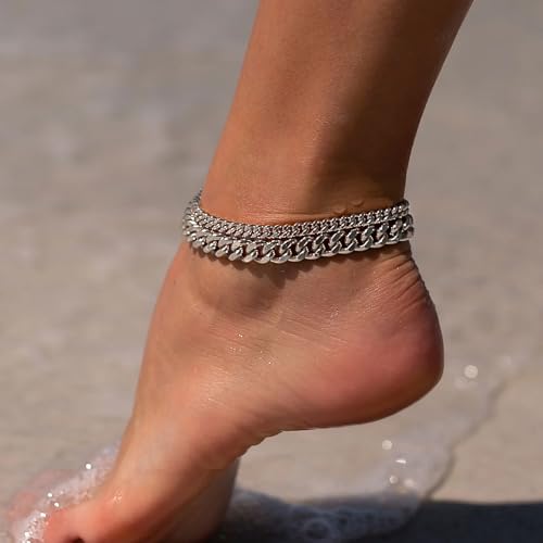 Image of Freekiss Sterling Silver Ankle Bracelets for Women: Dainty Layered Waterproof Anklet for Women Adjustable Womens Anklet Set Stackable Figaro Beaded Cuban Link Anklets Beach Jewelry for Women