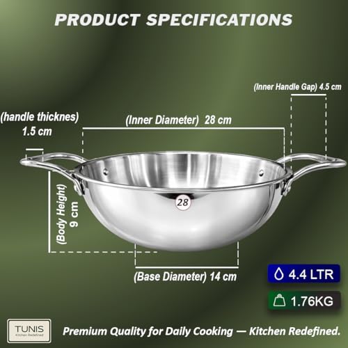 Image of TUNIS 28 Cm (4.4L) Triply Stainless Steel Kadai with Dual Handles | Heavy Gauge Induction & Gas Compatible | Bottom Deep Cooking Woks Kadhai for Frying, Sauteing & Curries | Silver