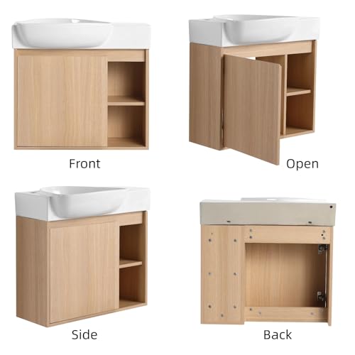 Image of 26 inch Wall Mounted Bathroom Vanity with Ceramic Sink, Modern Floating Bathroom Cabinet with Soft-Close Door & 2 Open Storage Shelves, Farmhouse Small Bath Vanity Set, Easy to Clean, Oak