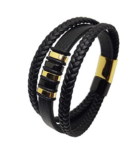 Générique Lilo's Bracelet en Cuir Véritable Tressé Aimanté Multi Tissé et Acier Inoxydable Noir et Doré Couleur Or | Bijoux de Poignet Manchette Elégant | Idée Cadeau Jeune Homme Boîte Anniversaire
