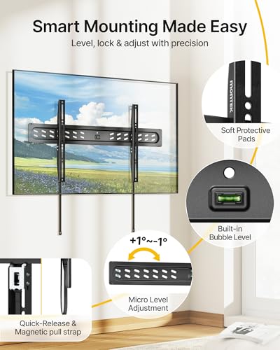 Image of monTEK Ultra Slim Fixed TV Wall Mount Bracket for 43-95 inch Flat & Curved TVs, Super Low Profile 0.95 inch from Wall, Holds 150 lbs, Supports VESA 800x400, Fits 16 inch /18 inch /24 inch /32 inch Studs