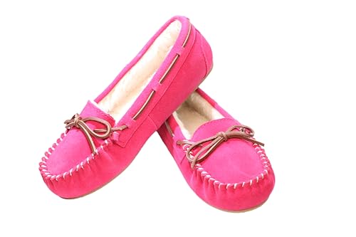 Women's Moccasin Slippers Cow Suede Warm Faux Fur Pile Lined Lace