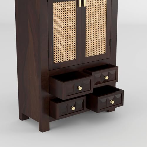 Image of PS DECOR Solid Sheesham Wood Book Shelf Cabinet with Cane Rattan Doors & 4 Drawers | Modern Wooden Bookshelf Storage Unit for Home Library, Living Room & Office (Walnut Finish)