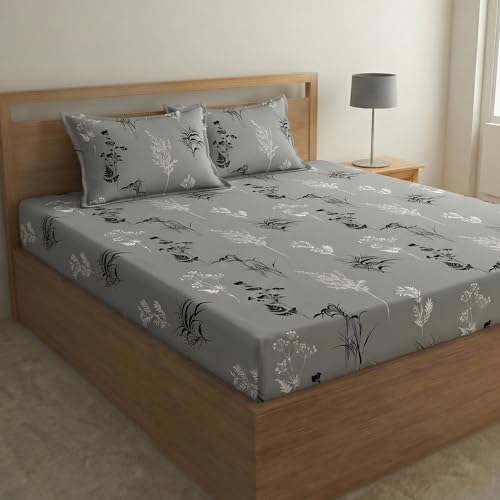 Image of Fashion String Microfibre Monochrome Wild Fern Corner Elastic Fitted Double Bedsheet (72x78 Inches) with 2 Pillow Covers
