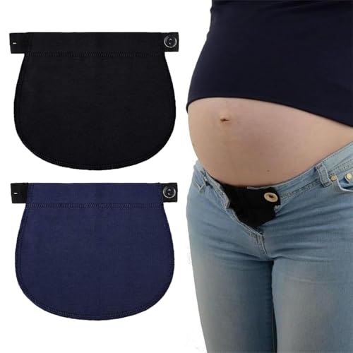 DOKRIN Fajas de embarazo para premamá, 2 extensores de cintura de maternidad, ajustables, de algodón elástico, para pantalones y faldas de maternidad (negro y azul marino)