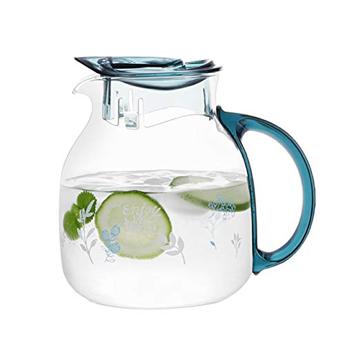 Jarra de agua de borosilicato sin goteo de 2,0 l con tapa, jarra de cristal para bebidas calientes y frías y frigorífico, jarra de té helado, botella de zumo, elegante jarra de agua