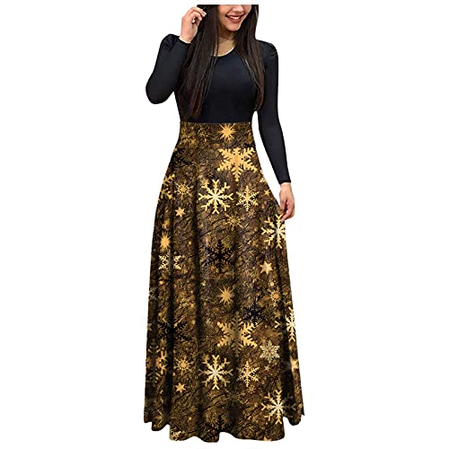 DeaAmyGline Weihnachtskleid Damen Lang - Kleid Weihnachten Langarm Weihnachts Kleider Maxikleid mit Weihnachtsmotiv High Waist Elegant Lange...