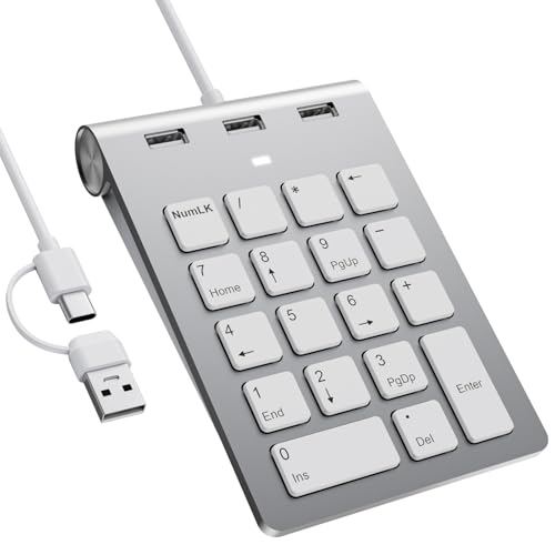 Pavé Numérique avec USB A/USB C, Multifonctions Clavier Numérique avec 3 Ports USB 2.0, 18 touches, Mini Clavier Numérique Ergonomique 15° pour Ordinateur...