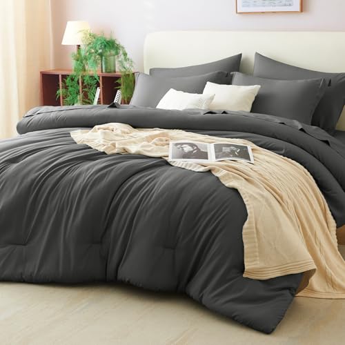 CozyLux King Size Comforter Set Dark Grey, 7 Pieces Bed in a Bag King Comforter Set with Sheets, Bedding Set with Down Alternative Comforter, Fitted Sheets, Flat Sheets, Pillow Shams and Pillowcases