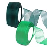 Organza Ribbon Rolls - 2 Rolls Sheer Chiffon Ribbon, Transparent Ribbons for Making Bows, Bouquet, Gift Wrapping, Wedding Decorations (1.5 Inch, 49 Yard Each Roll) (Green)