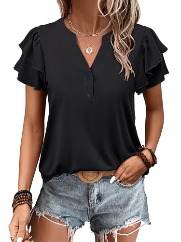 ANRABESS Womens Tops Dressy Casual Ruffle Short Sleeve V Neck Blouses Summer Button Down Business Work Elegant Shirts