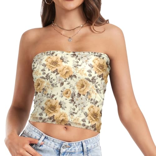 Womens Tube Tops Yellow Flower Floral Mesh Crop Top Strapless