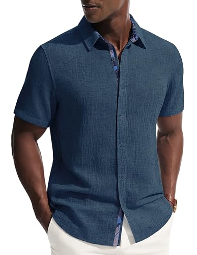 PJ PAUL JONES Camisas de manga corta para hombre con botones, casuales, de verano, de lino, azul marino, M