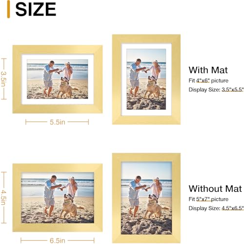 decorUhome 5x7 Picture Frame, Display Photos 4x6 with Mat or 5x7 Unmatted, Engineered Wood Frame with Plexiglass for Wall and Tabletop Display, Gold, Set of 1