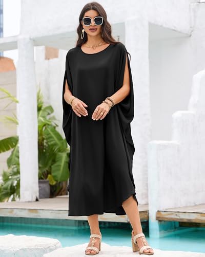 Bsubseach Kaftan Dresses for Women Batwing Sleeve Beach Cover Up Solid Color Plus Size Caftan Long Loungewear Dress2