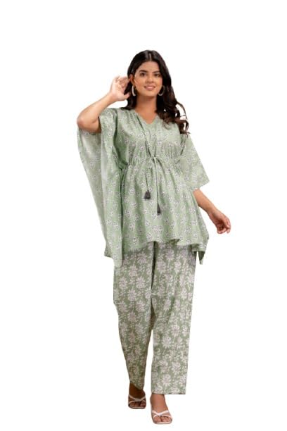 Women's Printed Cotton Kaftan Pyjama Set, 3-Piece Loungewear Collection, Grey/Purple/Mint-image-31