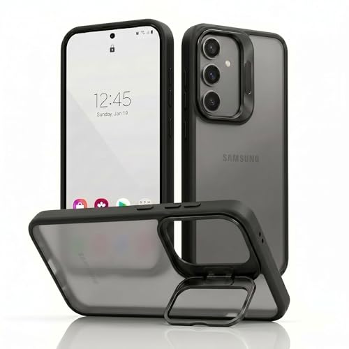 Image of amazon basics Frosted Matte Case for Samsung Galaxy A55 5G | Built-in Flip-Out Camera Lens Stand | Translucent Back with Contrast Black Bumper | Shockproof Protective Cover with Foldable Kickstand