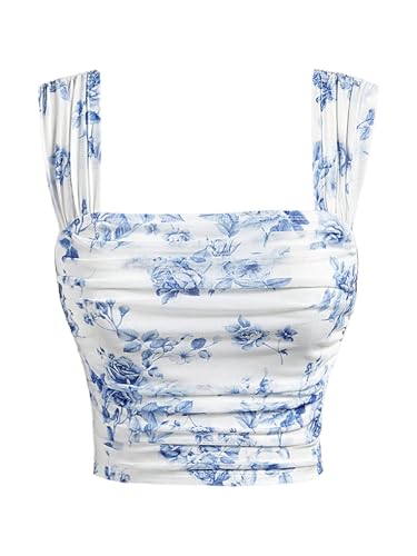 Milumia Girl's Ruched Floral Print Tank Top Square Neck Sleeveless Cropped Tops