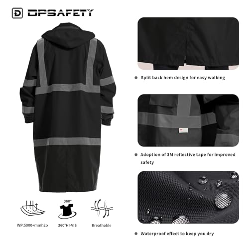 Image of Hi Vis Rain Jacket with 3M Reflective Stripe,High Visibility Class 3 Rain coats,Safety Waterproof Rain Suits for Men with Hood and 2 Large Pockets construction work rain gear(Black L)