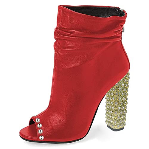 FSJ Women Stylish Peep Toe Slouch Ankle Boots Chunky Stacked Heels Crystal Studded Heel Party Evening Dress Shoes Size 4-15 US - Main Image