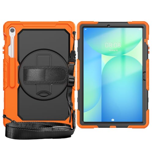 Coque Samsung Galaxy Tab S10 FE+ antichoc orange avec béquille rotative et bandoulière