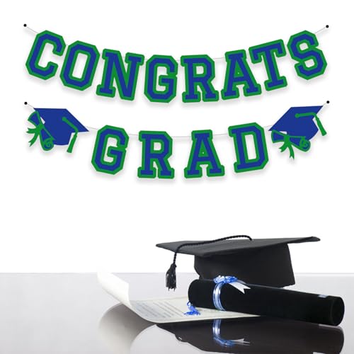 Image of Congrats Grad Banner Graduation Party Banner Decoration Hanging Garland High School College Backdrop Supplies Blue Green