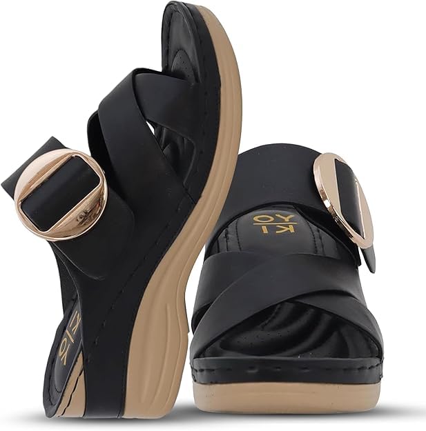 YOKI IRENA Wedge Sandals For Women With Crisscross Strap And Buckle - Summer Sandal With Cushioned Footbed & Womens Sandals Comfortable Dressy (Black, Size 9)