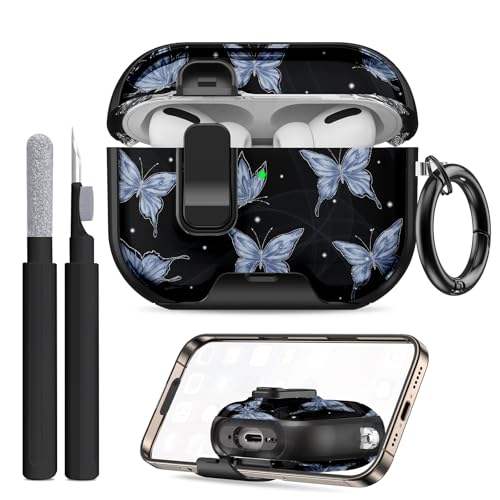 Image of Compatible Airpods Pro 3 Case (2025)with Phone Stand & Cleaner Kit,Print Soft Silicone Lock Clip Apple AirPods Pro 3rd Generation Case, Airpod Pro 3 Cover with Keychain for Women /Girls,Blue Butterfly
