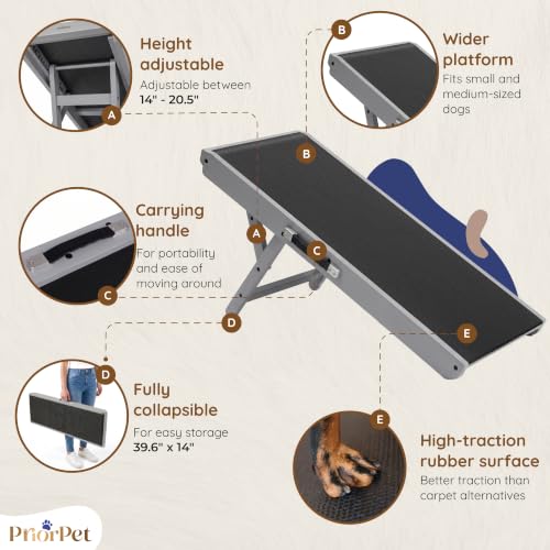 Image of Dog Ramp for Couch - Non-Slip, Sturdy Build Foldable Wooden Dog Ramp - Supports up to 200 lbs - 7 Adjustable Heights (14 inch-20.5 inch) - Enhanced Stability - Birchwood Pet Ramp for Small Dogs - Gray