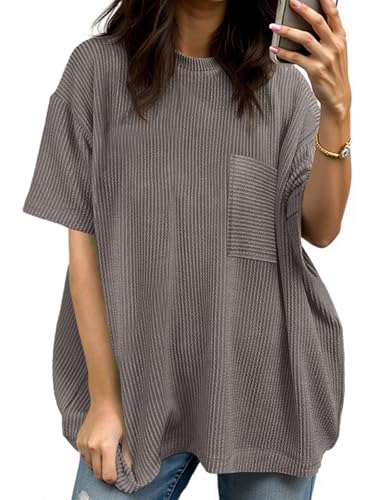 Tankaneo Womens Oversized Short Sleeve Tops Summer Textured Crew Neck T Shirt Ribbed Casual Basic Tees