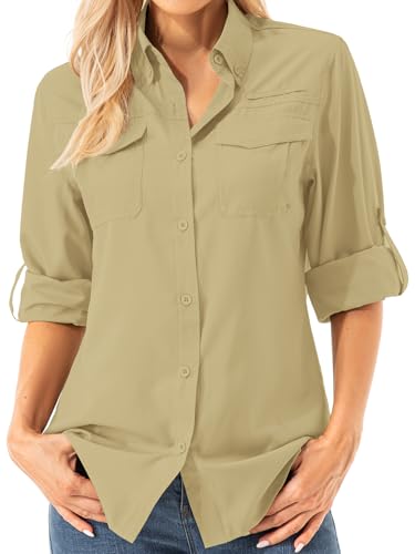 Womens UPF 50+ UV Sun Protection Safari Shirts Long Sleeve Outdoor Cool Quick Dry Fishing Hiking Gardening Shirts (5072 Mud L)