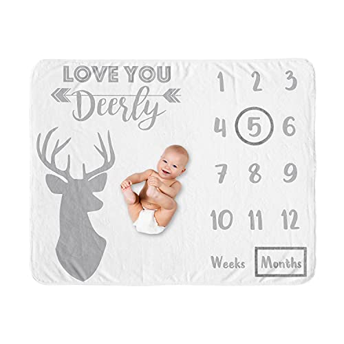 Image of Sweet Jojo Designs Grey Woodland Deer Boy Milestone Blanket Monthly Newborn First Year Growth Mat Baby Shower Memory Keepsake Gift Picture - Gray and White Stag Forest Animal Love You Deerly