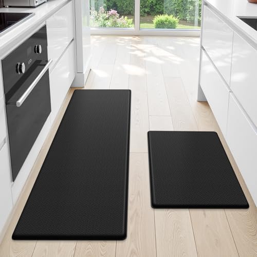 StepLively Kitchen Mat, 2 PCS Kitchen Rugs, Cushioned Kitchen Mats for Floor, Anti Fatigue Kitchen Rug Set, Non-Skid Standing Mat for Kitchen, Office, Sink, 17.3'x30'+17.3'x47', Black