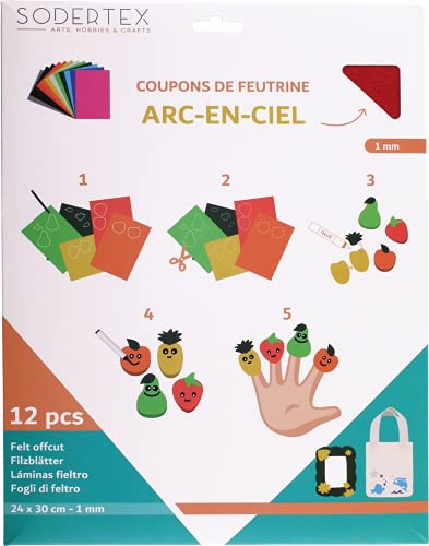 SODERTEX - Coupons Feutrine 180G/M2 - 24x30cm - 12 Couleurs Assorties - L171992 - Loisir créatif