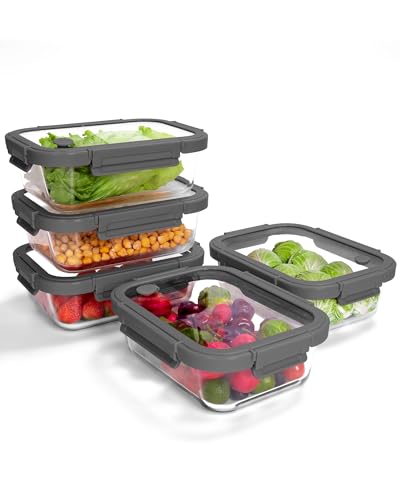 BOROHOUSE 5er-Pack Borosilikatglasbehälter mit gehärtetemDeckel, 1040 ml/ 4,4 Tassen, luftdichtes Mahlzeiten-Vorbereitungs-Set, mikrowellen-/gefriergeeignet/ofen­fest-20℃~510℃, Grau