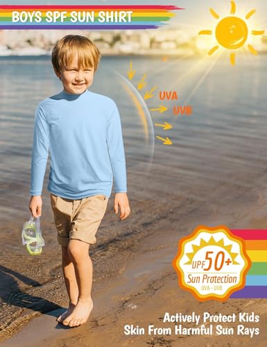 Image of Boys Swim Shirts Long Sleeve Rash Guard Sun Shirts UPF50+ Rashguard T Shirts Swimwear Fishing Water ShirtsQuick Dry Cool Beach Shirtfor Youth Kids Milk Blue Size 14-16