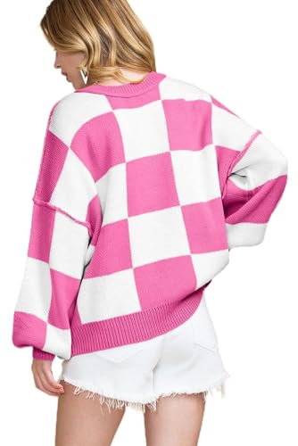 Women's Elegant Rose Stripe Checkered Bishop Sleeve Sweater - Luxuriously Soft Fabric