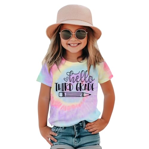 KEKEMI Kid Girls First Day of School Shirt Hello Kindergarten First/Second/Third Grade Tshirt Back to School Tees Tops 4-10Y