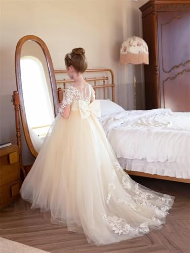 Girls Applique Long Sleeve Flower Girl Puffy Tulle Dress Holy Bow Knot Crew Neck First Communion Dress CT263