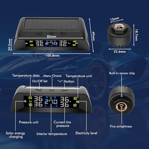 KAOLALI Tire Pressure Monitoring System, TPMS with In-Car Temperature Monitoring, Solar and USB Charger, 4 External Tire Sensors, Auto on/off, for RV, Sedan, SUV, MPV, etc (0-72 PSI) - Image 8
