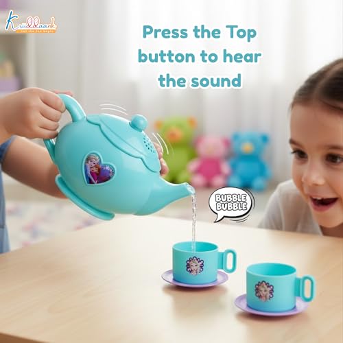 Image of Frozen Tea Party Set for Girls - Elsa & Anna 15-Piece Trolley Playset with Electronic Kettle, Realistic Boiling Sounds & Lights - Interactive Pretend Play Kitchen Toy for Kids Ages 3+