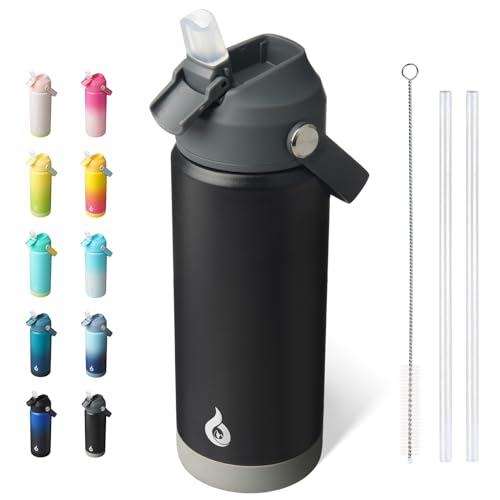 Image of BJPKPK Insulated Water Bottle with Straw Lid, 18oz Thermo Water Bottles with Soft Nozzle, Flex Handle & Non-slip Boot, BPA Free Leak Proof Stainless Steel Metal Thermo, Tumblers, Cups,Black