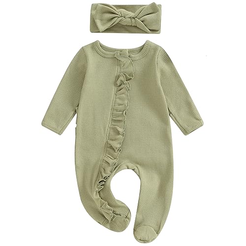 Image of Ayalinggo Newborn Baby Girl Fall Winter Outfits Clothes Knit Jumpsuit Ruffle Romper Newborn Coming Home Outfit for Baby Girl