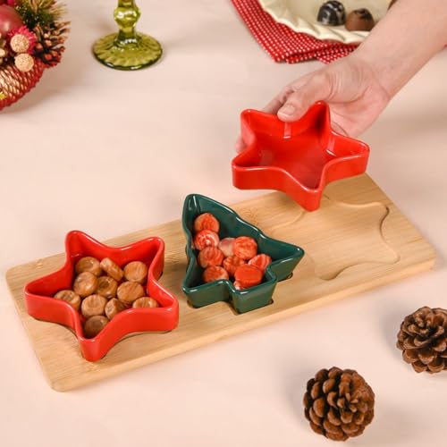 Image of Nestasia Set of 3 Holiday Ceramic Snack Bowls with Bamboo Tray | Star & Tree Shaped, Dishwasher-Safe, Eco-Friendly, Festive Serving Dishes | Ideal for Appetizers, Treats, Snacks, Sweet, Dip & Gifting