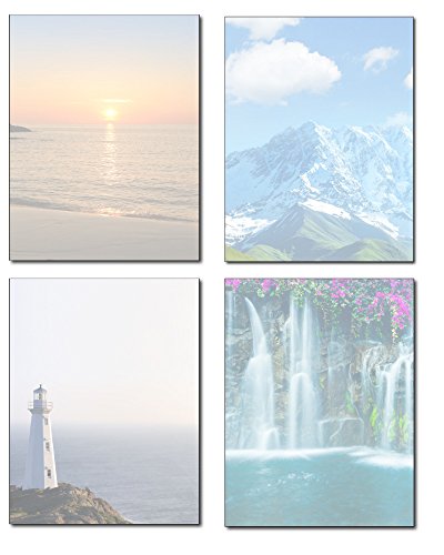Scenic Stationery Variety - 4 Beautiful Designs - 80 Sheets - Lighthouse, Waterfall, Mountain, & Ocean Beach Sunset Multicolored