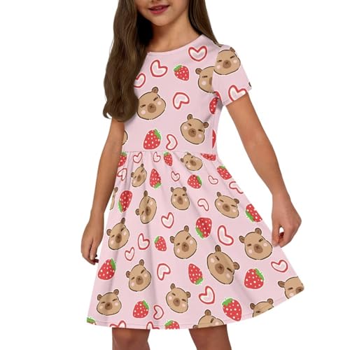 Image of Girls Dress with Pockets Basic Short Sleeve High Waist Swing Skater Dress School Party Dress for Kids