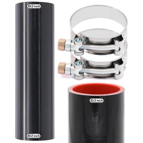 Image of 2 inch ID (51mm) Straight Silicone Hose Coupler 8 inch Long, 4-Ply Reinforced 5mm Thick, Straight Turbo Intake Pipe with 2x Stainless Steel T-Bolt Clamps - for Intercooler, Charge Pipe, Cold Air Intake
