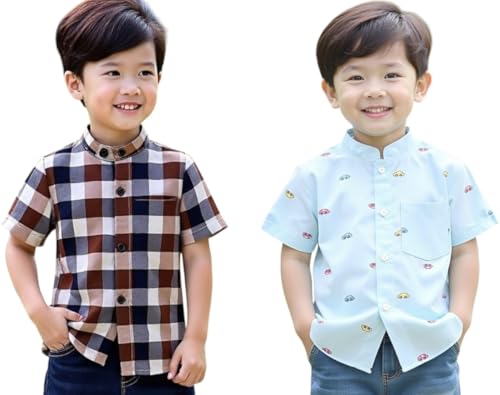 Image of Boys Short Sleeve Button Down Shirts, Plaid and Striped Pattern, Cotton Casual Tops, Pack of 2