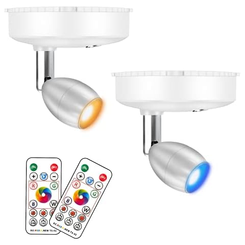 RGB Spotlight, LED Puck Light, Battery Operated Accent Lights with Remote, Dimmable Puck Light with Rotatable Light Head for Painting Picture Artwork Closet 2pack (RGBW) Cover